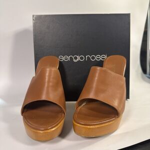 Vintage Sergio Rossi BRN Leather Platform Mule Wooden Heel EU 40 US 9.5-10 Italy